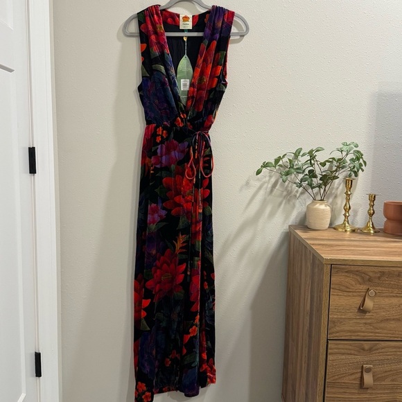 Farm Rio Medium Flower Season Black Wrap Maxi Velvet Dress Wedding Formal Party - Picture 2 of 9